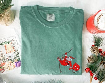 Embroidered Christmas Santa Claus Shirt Comfort Colors Funny Embroidery Christmas Tshirt Swinging Santa Shirt Merry Christmas Holiday Tees