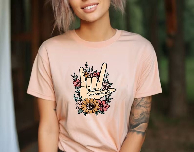 ASL Shirt Love Tshirt Hand Sign ASL Love Tshirt ASL Teacher Gifts Deaf Community Be Kind Shirt I Love You Tshirt Floral Shirt Trending Now image 1