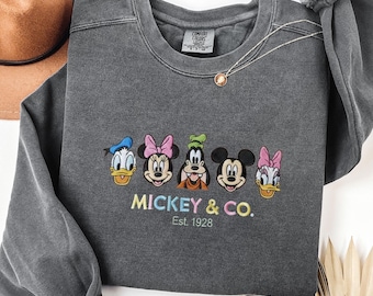 Mickey And Friends Embroidered Disney Sweatshirt Comfort Color Minnie Mickey Mouse Embroidery Sweatshirt Disney Vacation Embroidered Sweater