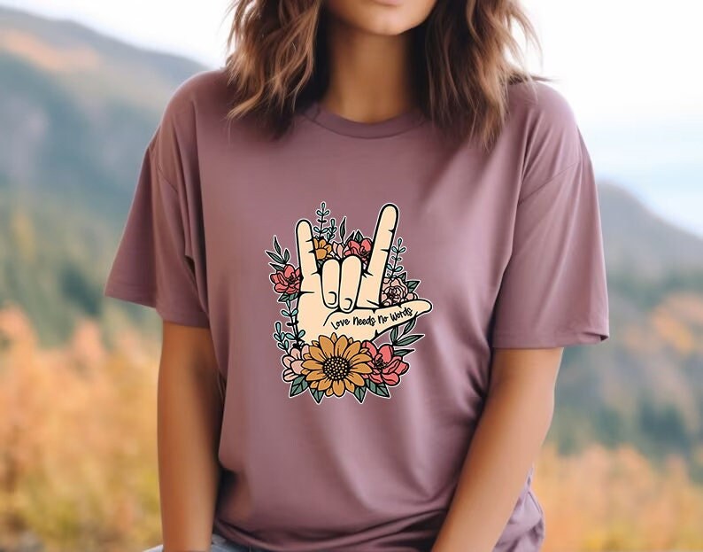 ASL Shirt Love Tshirt Hand Sign ASL Love Tshirt ASL Teacher Gifts Deaf Community Be Kind Shirt I Love You Tshirt Floral Shirt Trending Now image 3