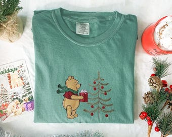 Winnie The Pooh Embroidered Christmas Shirt Comfort Colors Disney Vacation Embroidery Shirt Christmas Tree Disney Pooh Trendy Holiday Tshirt