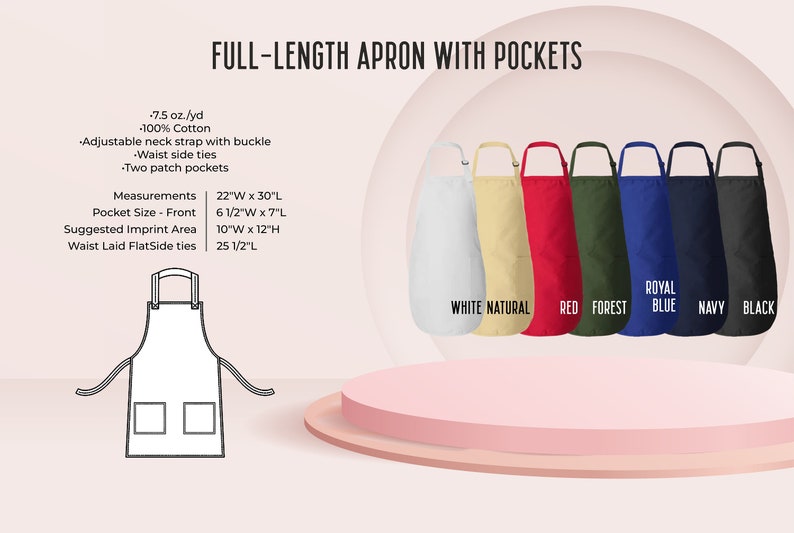 May include: Full-length aprons with pockets in white, natural, red, forest green, royal blue, navy, and black. Each apron has an adjustable neck strap, waist ties, and two front pockets. Measurements are 56cm W x 76cm L.