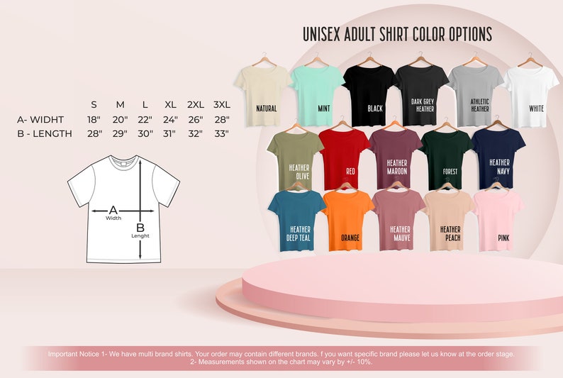 May include: Unisex adult t-shirt size chart with measurements in inches. The chart shows the width and length of the shirts in sizes S, M, L, XL, 2XL, and 3XL. The chart also shows a variety of t-shirt colors, including natural, mint, black, dark grey heather, athletic heather, white, heather olive, red, heather maroon, forest, heather navy, heather deep teal, orange, heather mauve, heather peach, and pink.