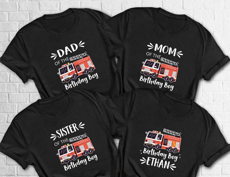 Fire Truck Birthday Shirt, Boys Firetruck Themed Birthday Gift, Toddler Boy Fire Fighter T-shirt, Family Kids Matching Tees, Age Celebration image 4