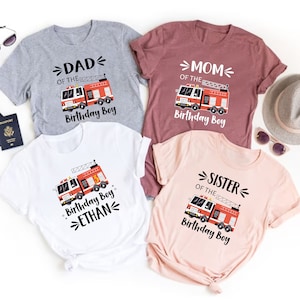 Fire Truck Birthday Shirt, Boys Firetruck Themed Birthday Gift, Toddler Boy Fire Fighter T-shirt, Family Kids Matching Tees, Age Celebration image 2