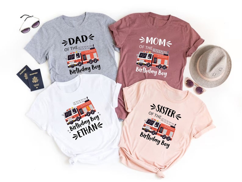Fire Truck Birthday Shirt, Boys Firetruck Themed Birthday Gift, Toddler Boy Fire Fighter T-shirt, Family Kids Matching Tees, Age Celebration image 2