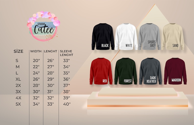K&ouml;nnte beinhalten: Produktbild mit verschiedenen Rundhals-Sweatshirts in verschiedenen Farben, darunter Schwarz, Wei&szlig;, Rot und Grau. Die Sweatshirts werden auf einer hellen Plattform pr&auml;sentiert. Gr&ouml;&szlig;en- und Ma&szlig;angaben sind ebenfalls angegeben.