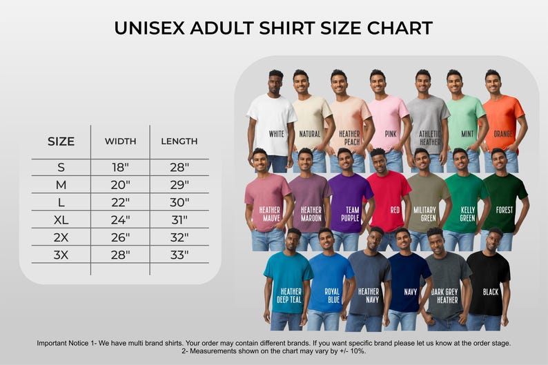 May include: Unisex adult shirt size chart with measurements in inches. The chart includes sizes S to 3X, with corresponding width and length measurements. Various shirt colors are displayed, including white, pink, and green.