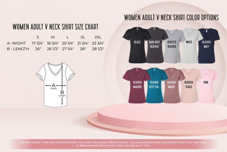 May include: A size chart for women's V-neck shirts with measurements in inches. The chart shows the width and length of the shirts in sizes S, M, L, XL, and 2XL. The image also shows a variety of colors for the shirts, including black, dark grey heather, athletic heather, white, heather navy, heather maroon, heather deep teal, heather mauve, heather peach, and pink.