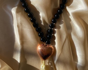 tasbih/ prayer beads (33 beads) 10mm with black gemstones and a bronze heart charm