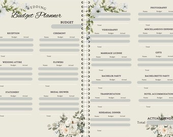 Könnte beinhalten: Ein Hochzeitsplaner mit floralen Illustrationen. Der Planer enthält Abschnitte für Empfang, Zeremonie, Hochzeitskleidung, Blumen, Schreibwaren, Brautparty, Musik, Videografie, Fotografie, sonstige Ausgaben, Heiratsurkunde, Geschenke, Junggesellenabschied, Junggesellinnenabschied, Transport, Hotelunterkunft, Probeessen und tatsächliche Ausgaben.