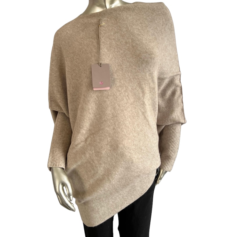 Asymmetric Draped Slouch Neck Soft Jumper with Long Fitted Sleeves in Camel main image 1