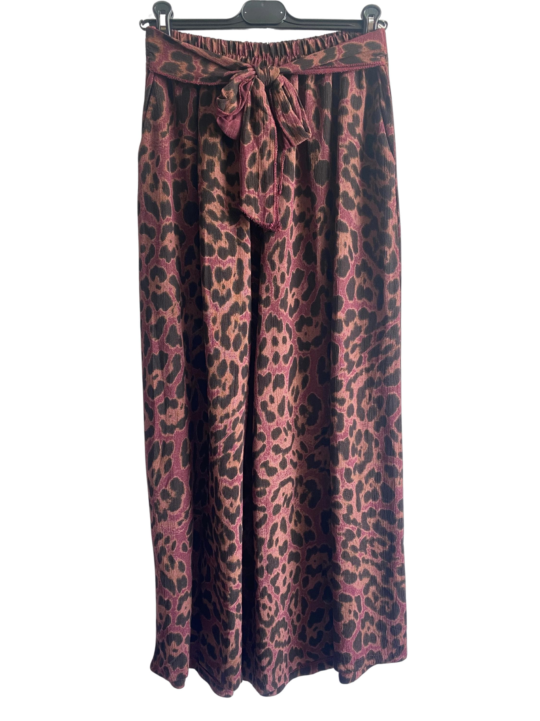 Animal Print Wide Leg Palazzo Elasticated Waistband Trousers in Wine