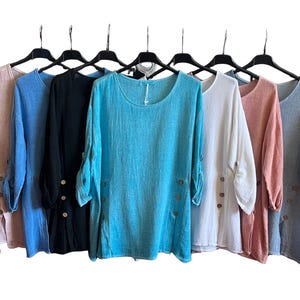 Womens Italian Washed Linen Tunic with Turn up Long Sleeves, Side Slits and Button Detail Design