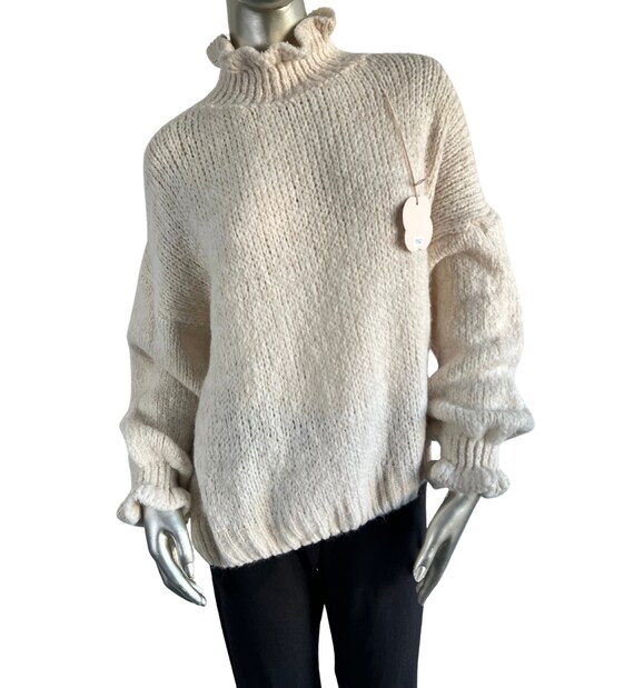 High Neck Frill Ruffled Neck and Hem Chunky Knit Jumper in Stone Beige Etsy