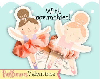 Ballerina Scrunchie Valentines, Tarjetas de San Valentín para niñas, Tarjetas para amantes del ballet, San Valentín sin dulces