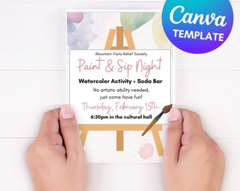 Editable Painting Night Invitation Canva Template, Digital or Printable, Relief Society, Young Women’s, LDS Flyer, Watercolor