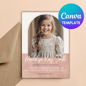 Editable 5x7 LDS Baptism Invitation for girls, pink/coral and white CANVA template