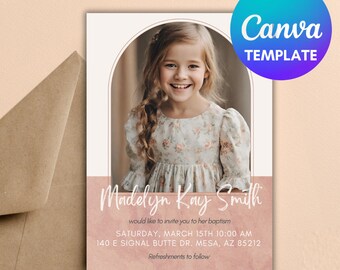 Editable 5x7 LDS Baptism Invitation for girls, pink/coral and white CANVA template