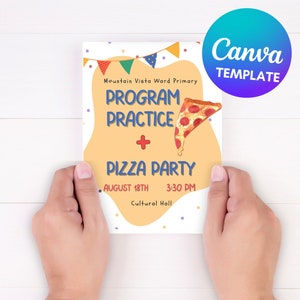 Op de afbeelding: Een kleurrijke uitnodiging voor een programma-oefening en een pizzafeest in Mountain Vista Ward Primary. De uitnodiging heeft een cartoon-pizzapunt met een gele achtergrond en kleurrijk confetti. Het evenement is gepland voor 18 augustus om 15:30 uur in de Culturele Zaal.