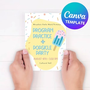 Op de afbeelding: Een gele en witte flyer met een blauwe en roze ijslolly-afbeelding. De tekst luidt "Mountain Vista Ward Primary Program Practice + Popsicle Party August 18th 3:30 PM Cultural Hall".