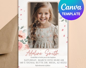 Puede incluir: Una invitación de bautismo con un diseño floral rosa y una foto de una niña. El texto dice "Adaline Smith te invita a su bautizo. Sábado, 15 de marzo 10:00 AM 140 E Signal Butte Dr. Mesa, AZ 85212. Refrescos a seguir."