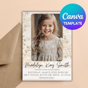 女の子向けの編集可能な LDS 洗礼招待状、金色の花柄の CANVA テンプレート
