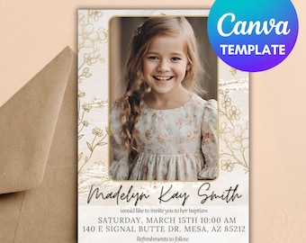 Editable LDS Baptism Invitation for girls, gold floral CANVA template