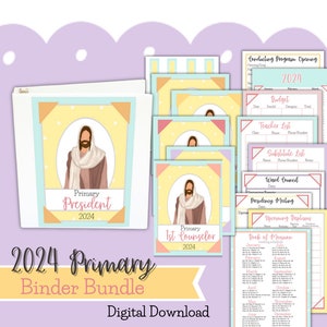 May include: A digital download bundle for Primary leaders in the Church of Jesus Christ of Latter-day Saints. The bundle includes printable pages for 2024 with a yellow, pink, and blue color scheme. The pages feature images of Jesus Christ and include titles such as "Primary President", "Primary 1st Counselor", "Conducting Program Opening", "Budget", "Teacher List", "Substitute List", "Ward Council", "Presidency Meeting", "Upcoming Baptisms", and "Book of Mormon".