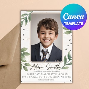 May include: A baptism invitation with a green leafy border and a photo of a young boy in a suit. The text reads "Adam Smith would like to invite you to his baptism Saturday, March 15th 10:00 AM 140 E Signal Butte Dr. Mesa, AZ 85212 Refreshments to follow."
