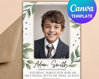 Editable 5x7 LDS Baptism Invitation for boys, sage green leaves CANVA template
