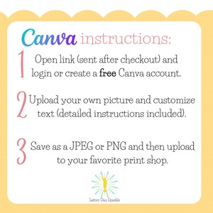 May include: A pink and white illustrated guide with three steps for using Canva to create a printable design. The steps are numbered 1, 2, and 3. The text says "Canva instructions:" and includes the following instructions: "Open link (sent after checkout) and login or create a free Canva account.", "Upload your own picture and customise text (detailed instructions included).", and "Save as a JPEG or PNG and then upload to your favourite print shop."