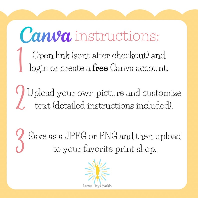 May include: A pink and white illustrated guide with three steps for using Canva to create a printable design. The steps are numbered 1, 2, and 3. The text says "Canva instructions:" and includes the following instructions: "Open link (sent after checkout) and login or create a free Canva account.", "Upload your own picture and customise text (detailed instructions included).", and "Save as a JPEG or PNG and then upload to your favourite print shop."