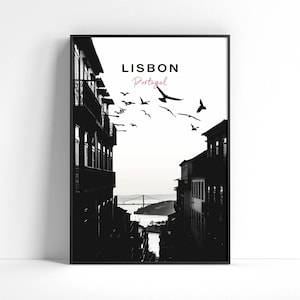 Lisbona, Portogallo Stampa: Paesaggio urbano in bianco e nero (download digitale)