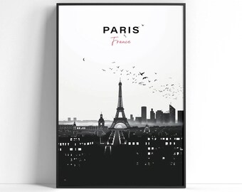 Impresión de la ciudad de París, póster de viaje en blanco y negro, arte mural de Francia, regalo de cumpleaños, regalo de boda, regalo de viaje, decoración del hogar, póster imprimible