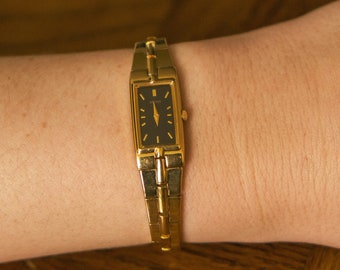 Seiko Women's Dress Watch Gold Tone Rectangle Black Dial