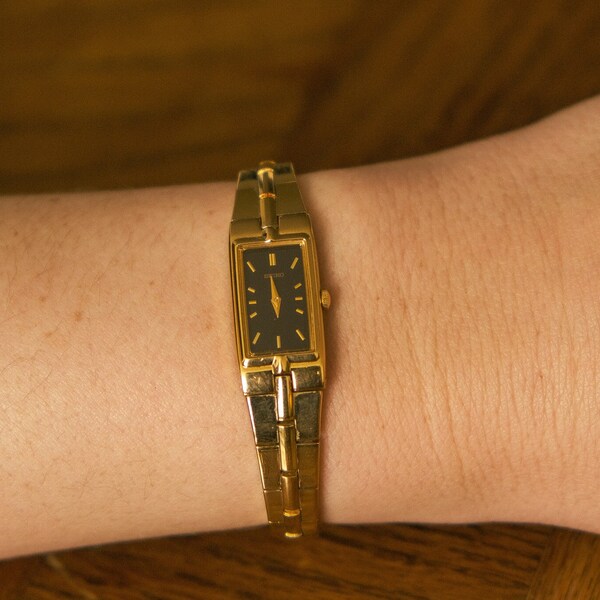 Seiko Women's Dress Watch Gold Tone Rectangle Black Dial