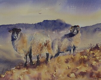 Bergschapen #617/sfeervol aquarel landschap/originele aquarel schilderij/impressionistische aquarel/losse aquarel/dieren