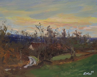 Sunrise In Rural France/En Plein Air French Landscape Oil Painting/Impressionistic Original Oil Painting Art/Atmospheric Art/fall/autumn