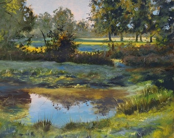 Early Morning Sunlight Over Pond/French Landscape Oil Painting/Original Oil Painting Art/Atmospheric Art/Tranquil Art/Shadows/Reflections