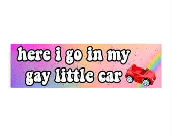 May include: A bumper sticker with the text "here i go in my gay little car" in a bubble font. The background is a gradient of pink, purple, and blue with a rainbow. A red toy car is on the right.