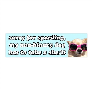 May include: A rectangular bumper sticker with a light blue background featuring black text that reads, sorry for speeding, my non-binary dog has to take a she/it. On the right side is a tan dog wearing bright pink sunglasses with dark lenses.
