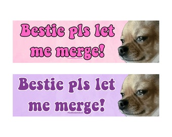 Bestie Pls Let me Merge! Purple & Pink | Bumper Sticker AND Magnet | Funny Meme Sticker | 8.7&#39;&#39; X 2.7&#39;&#39; | Waterproof Premium Quality