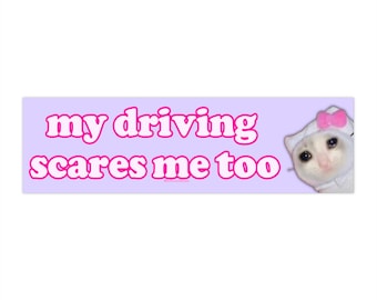 May include: A light purple bumper sticker with pink text that reads "my driving scares me too". A crying cat wearing a pink Hello Kitty costume is peeking out from the right side of the sticker.