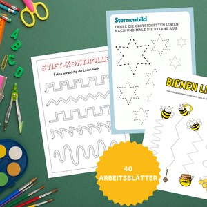 Pu&ograve; includere: Un set di 40 fogli di lavoro stampabili per bambini per esercitarsi nella motricit&agrave; fine. I fogli di lavoro presentano una variet&agrave; di attivit&agrave; di tracciamento delle linee, tra cui il tracciamento di stelle, api e linee a zig-zag. Il testo sui fogli di lavoro &egrave; in tedesco.