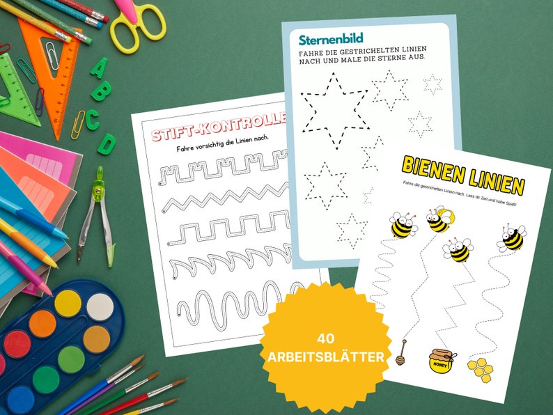 Pu&ograve; includere: Un set di 40 fogli di lavoro stampabili per bambini per esercitarsi nella motricit&agrave; fine. I fogli di lavoro presentano una variet&agrave; di attivit&agrave; di tracciamento delle linee, tra cui il tracciamento di stelle, api e linee a zig-zag. Il testo sui fogli di lavoro &egrave; in tedesco.