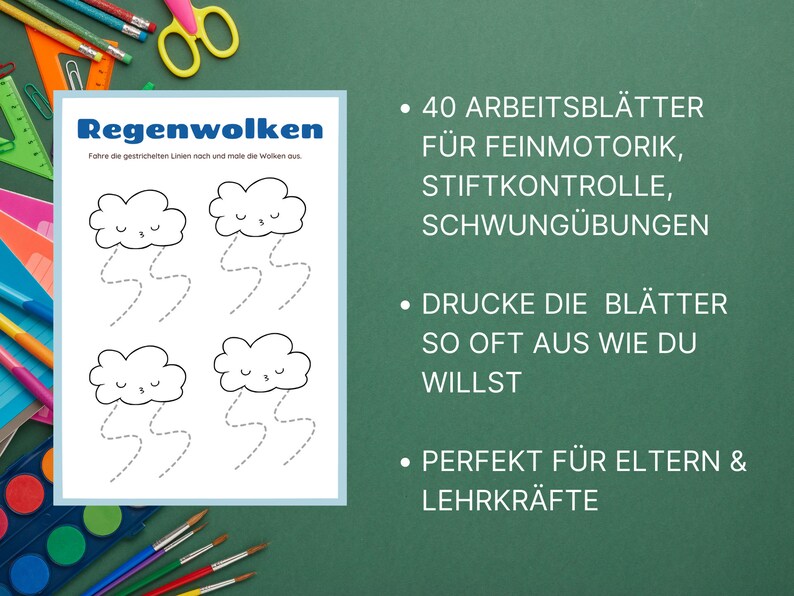 Pu&ograve; includere: Un foglio di lavoro stampabile con quattro illustrazioni in bianco e nero di nuvole con facce. Il testo "Regenwolken" &egrave; in cima alla pagina. Il testo "Fohre die gestrichetten Linien nach und male die Wolken aus" &egrave; sotto il titolo. Il testo "40 ARBEITSBL&Auml;TTER F&Uuml;R FEINMOTORIK, STIFTKONTROLLE, SCHWUNG&Uuml;BUNGEN" &egrave; sul lato destro della pagina. Il testo "DRUCKE DIE BL&Auml;TTER SO OFT AUS WIE DU WILLST" &egrave; sotto il primo blocco di testo. Il testo "PERFEKT F&Uuml;R ELTERN & LEHRKR&Auml;FTE" &egrave; sotto il secondo blocco di testo.