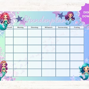 Printable timetable, mermaid, school start, school enrollment, school enrollment gift, school start, timetable download, timetable PDF