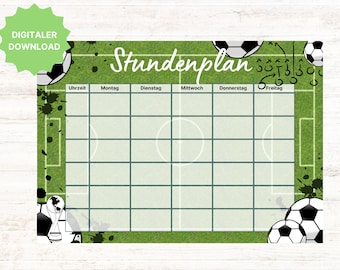 Può includere: Un programma settimanale a tema calcio verde e bianco con la parola "Stundenplan" in alto. Il programma presenta un design da campo di calcio, palloni da calcio e i giorni della settimana. Un adesivo per il download digitale si trova in alto a sinistra.