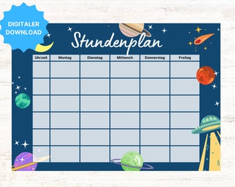 Può includere: Un programma settimanale stampabile a tema spaziale blu e bianco con la parola "Stundenplan" in alto. Il programma ha colonne per ogni giorno della settimana, dal lunedì al venerdì, e righe per gli slot temporali. Lo sfondo è blu scuro con stelle, pianeti e un UFO.